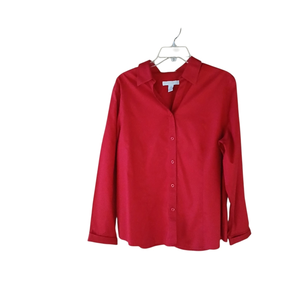 Chico's Red No-Iron Long Sleeved Button Down Cotton Shirt Size 12